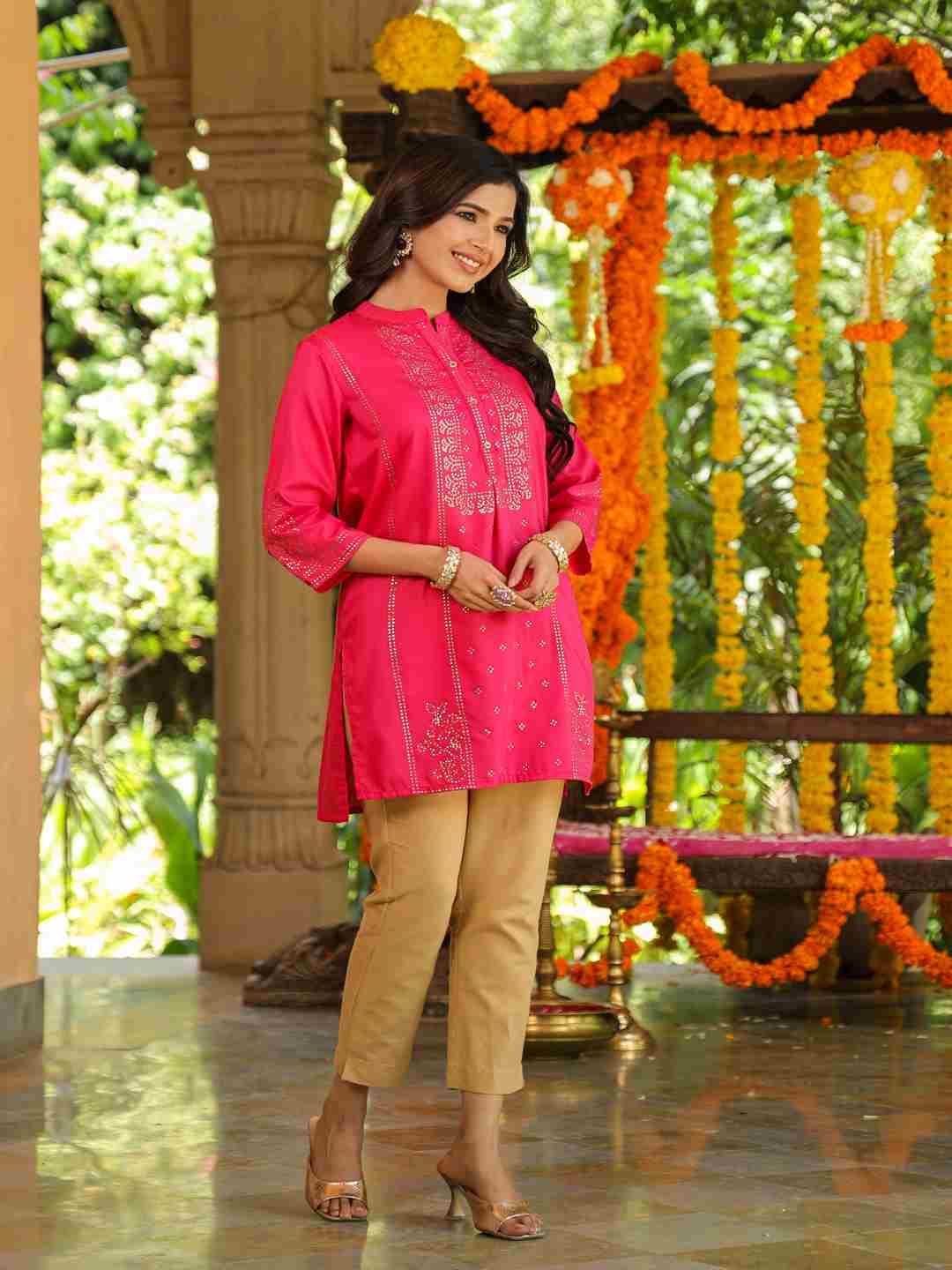 Fuchsia Chinon Silk Mukesh Work Straight Tunic