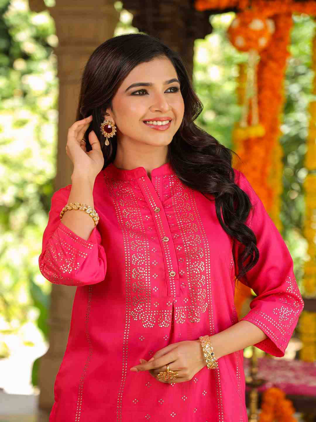 Fuchsia Chinon Silk Mukesh Work Straight Tunic