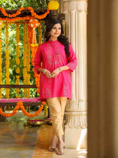 Fuchsia Chinon Silk Mukesh Work Straight Tunic