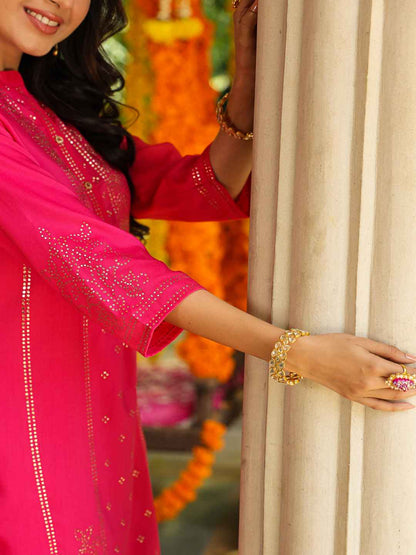 Fuchsia Chinon Silk Mukesh Work Straight Tunic