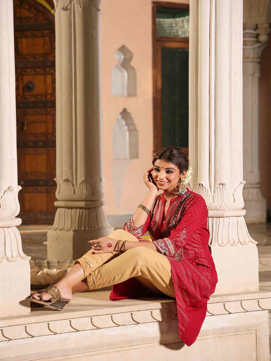 Maroon Rayon Foil Printed High-Low Tunic