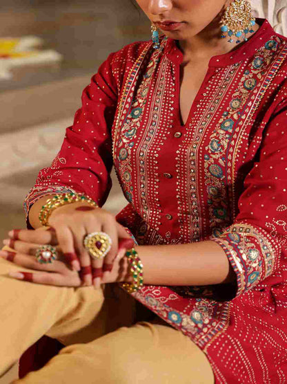 Maroon Rayon Foil Printed High-Low Tunic