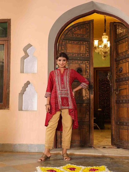 Maroon Rayon Foil Printed High-Low Tunic