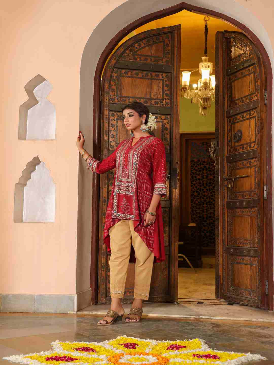 Maroon Rayon Foil Printed High-Low Tunic