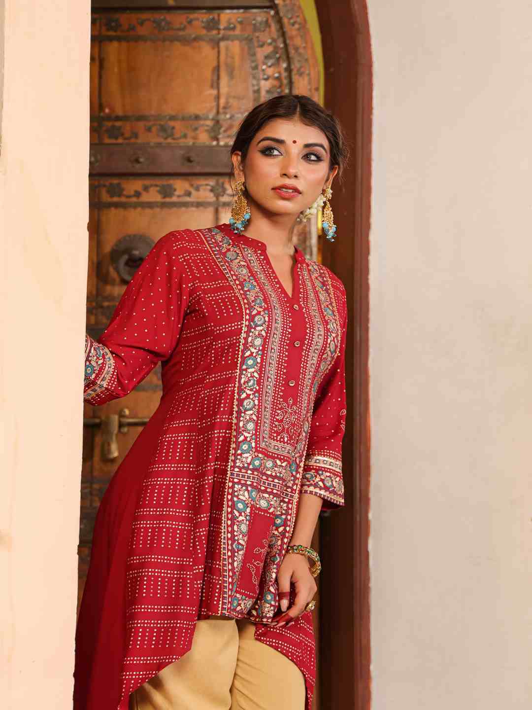 Maroon Rayon Foil Printed High-Low Tunic