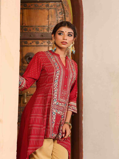 Maroon Rayon Foil Printed High-Low Tunic