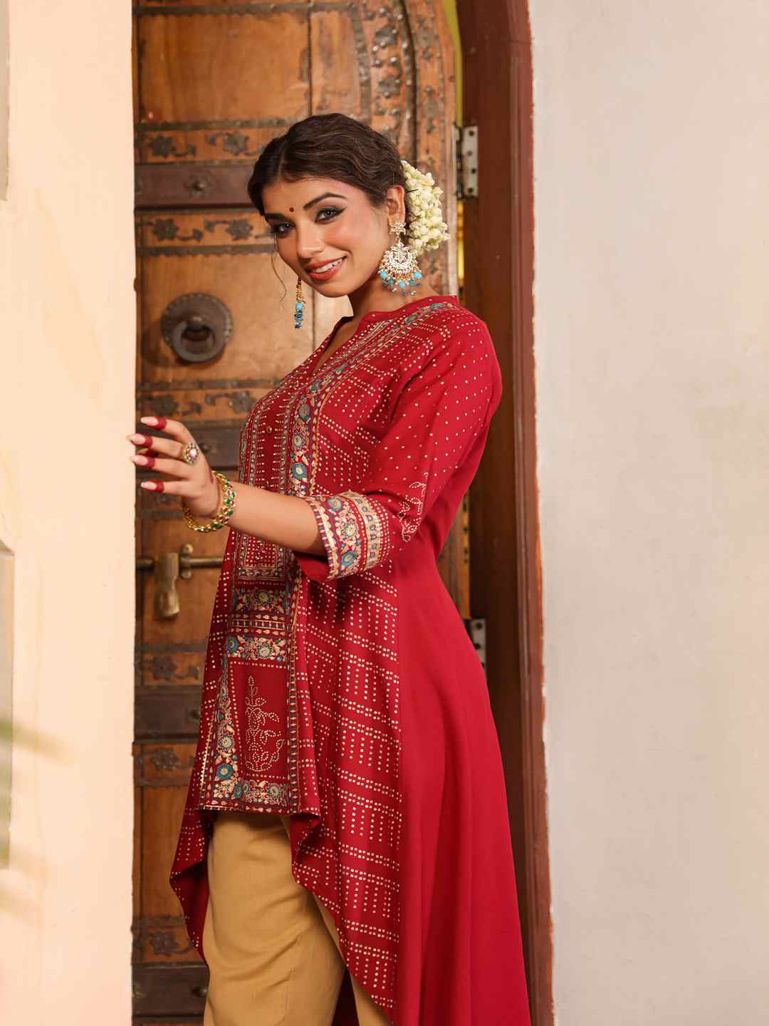 Maroon Rayon Foil Printed High-Low Tunic