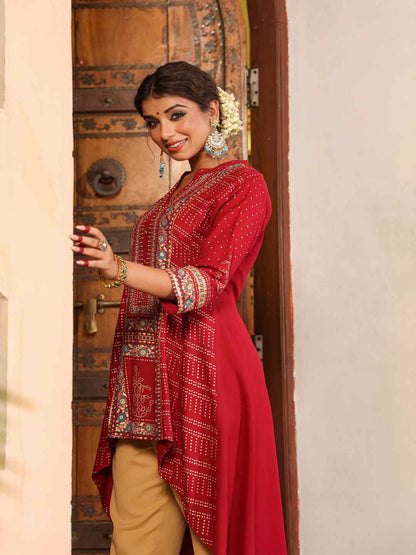 Maroon Rayon Foil Printed High-Low Tunic