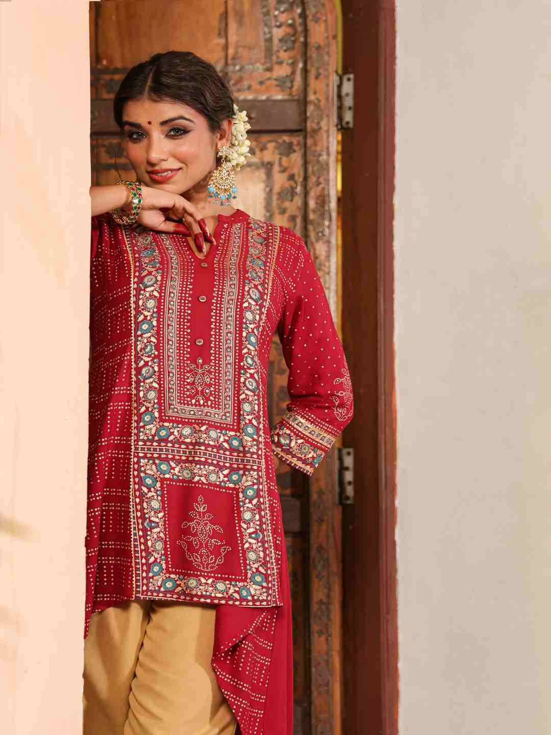 Maroon Rayon Foil Printed High-Low Tunic