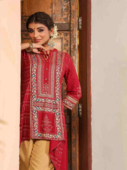 Maroon Rayon Foil Printed High-Low Tunic