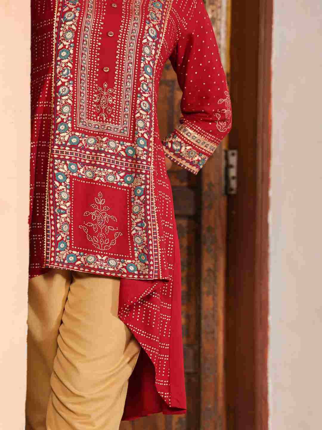 Maroon Rayon Foil Printed High-Low Tunic