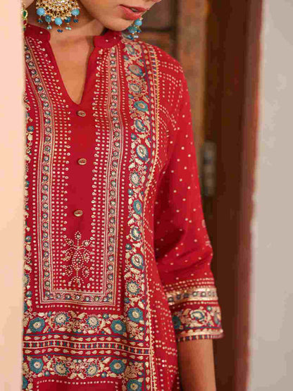 Maroon Rayon Foil Printed High-Low Tunic