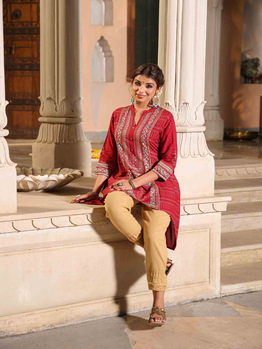 Maroon Rayon Foil Printed High-Low Tunic