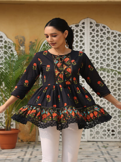 Black Floral Printed Peplum Pure Cotton Tunic With Lace