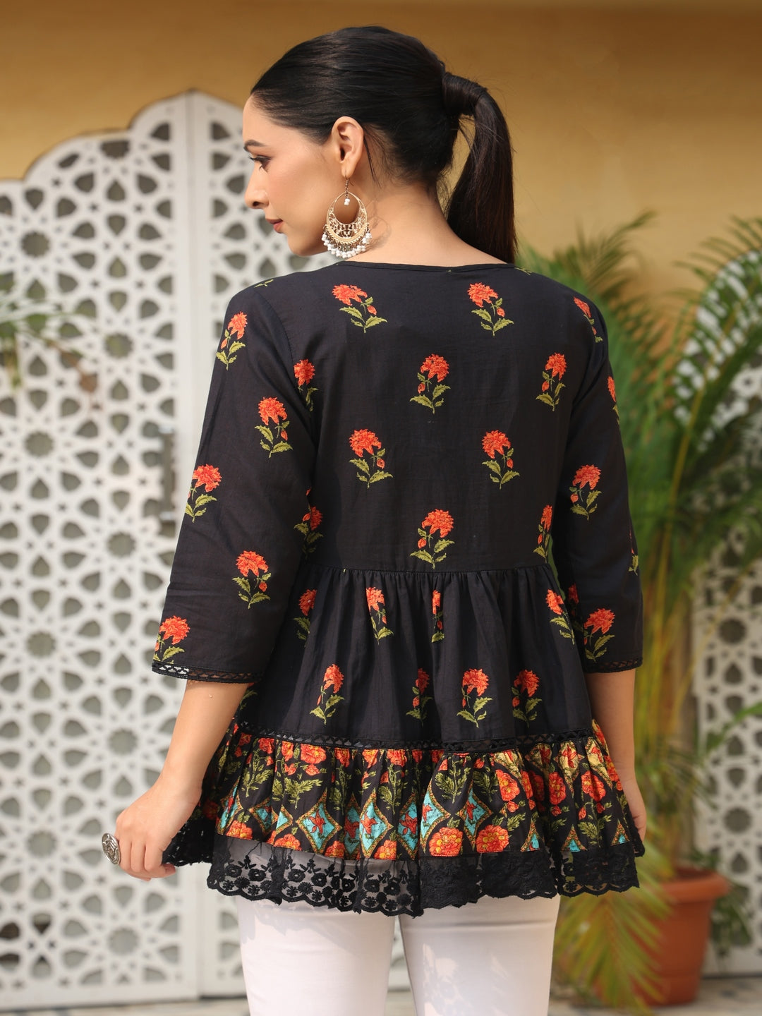 Black Floral Printed Peplum Pure Cotton Tunic With Lace