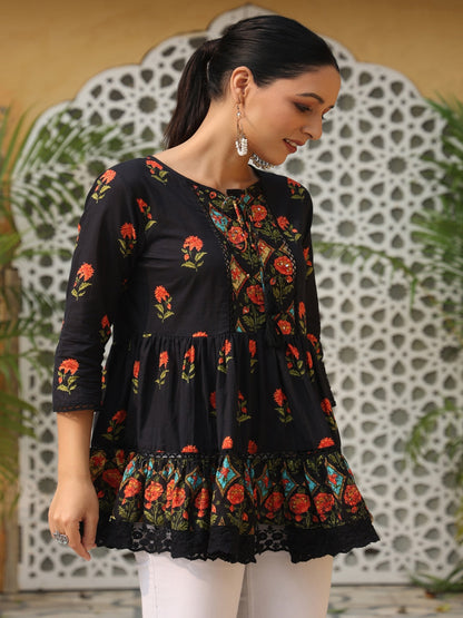 Black Floral Printed Peplum Pure Cotton Tunic With Lace