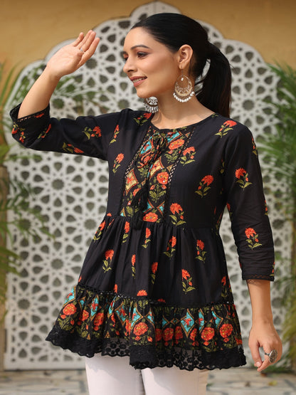 Black Floral Printed Peplum Pure Cotton Tunic With Lace
