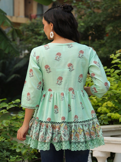 Pista Green Floral Printed Pure Cotton Peplum Tunic With Lace