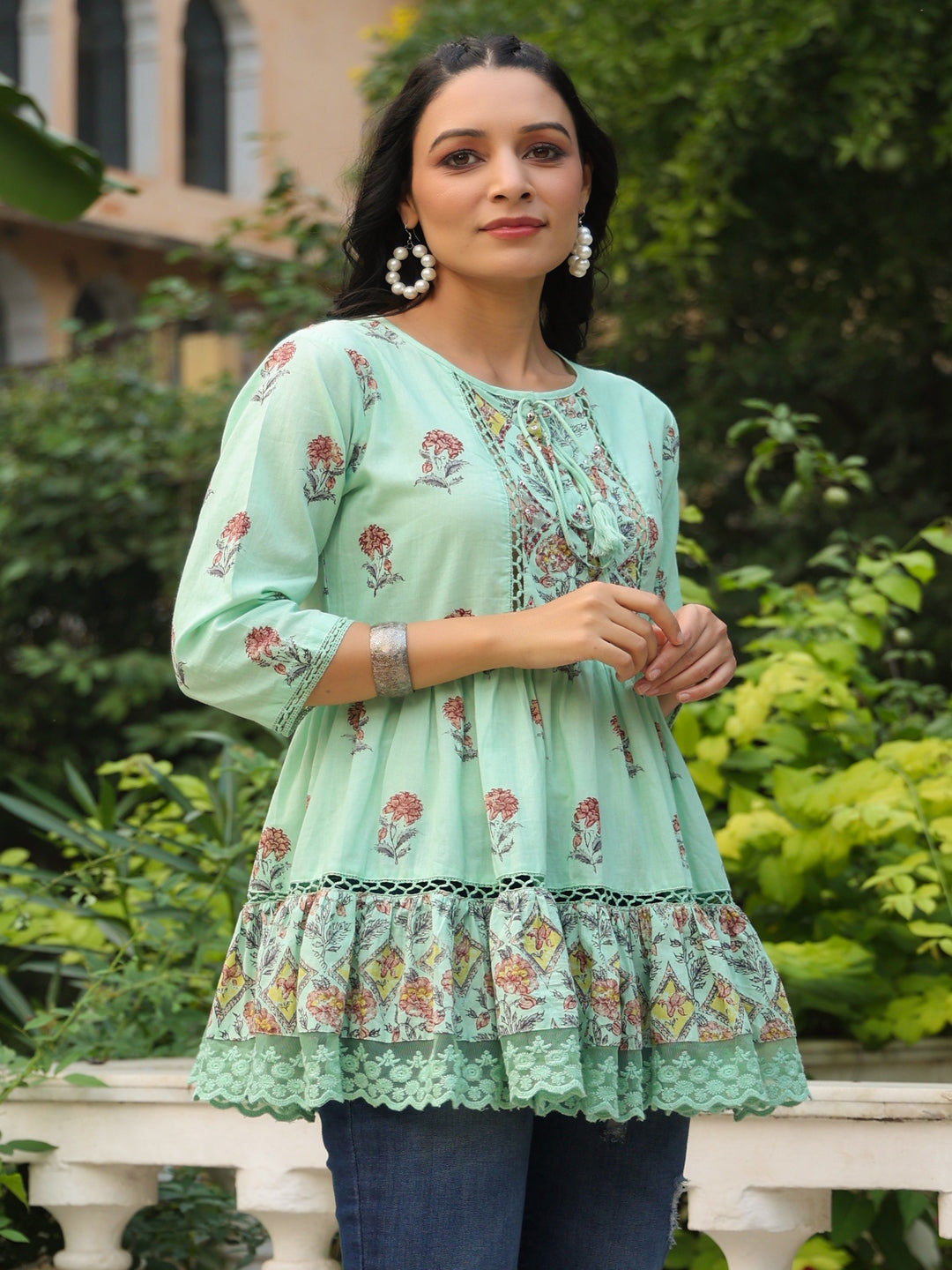 Pista Green Floral Printed Pure Cotton Peplum Tunic With Lace