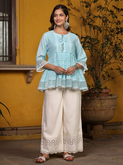 Sky Blue Solid Peplum Lacy Keyhole Neckline Tunic With Lining