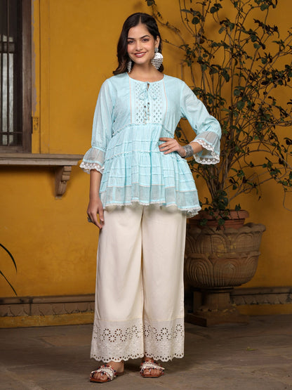 Sky Blue Solid Peplum Lacy Keyhole Neckline Tunic With Lining