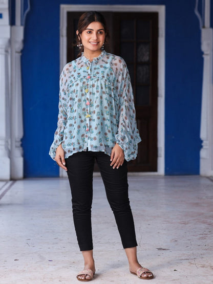 Sky Blue Chiffon Floral Printed Button Detailing Tunic With Inner