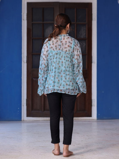 Sky Blue Chiffon Floral Printed Button Detailing Tunic With Inner