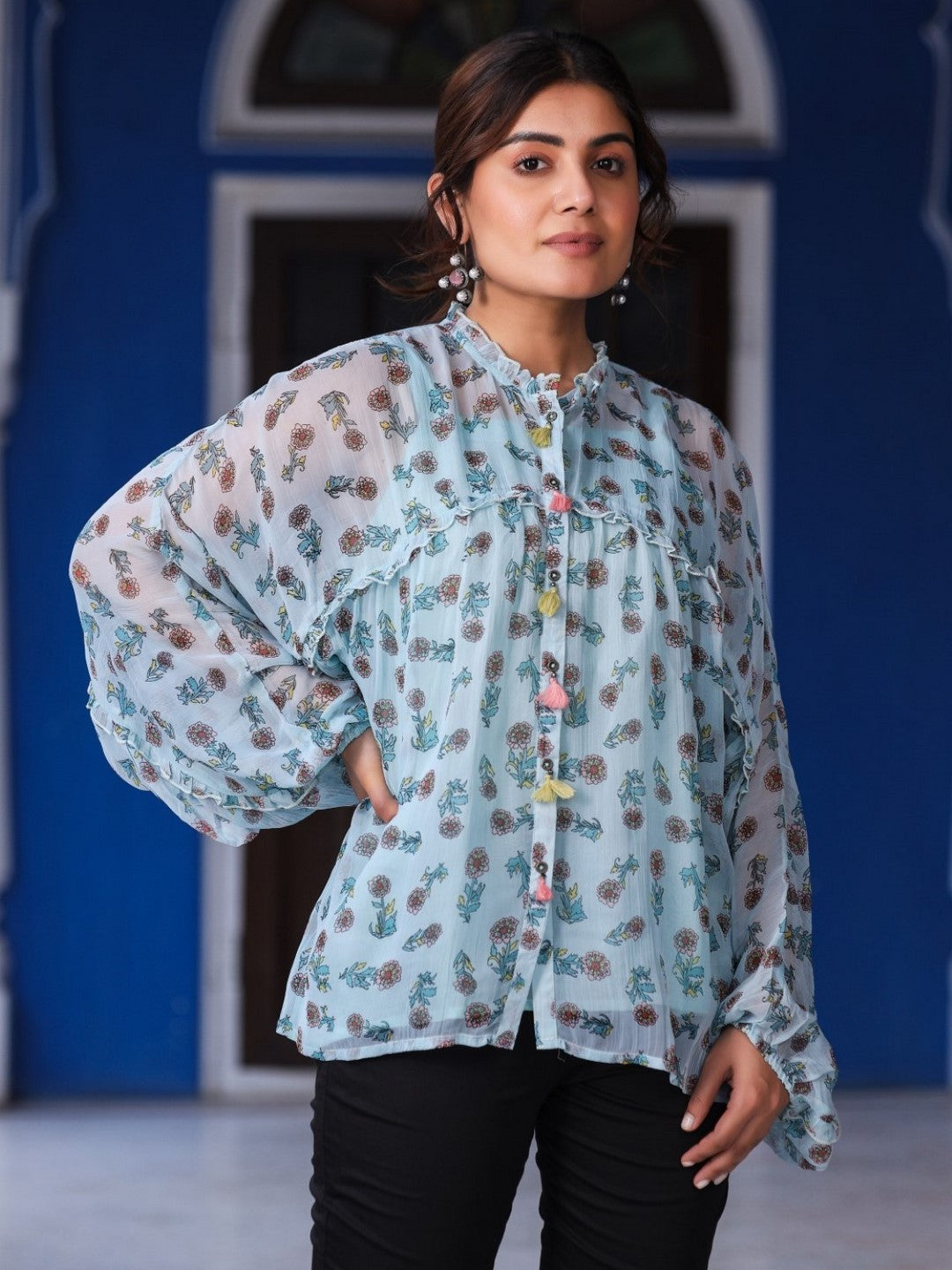Sky Blue Chiffon Floral Printed Button Detailing Tunic With Inner