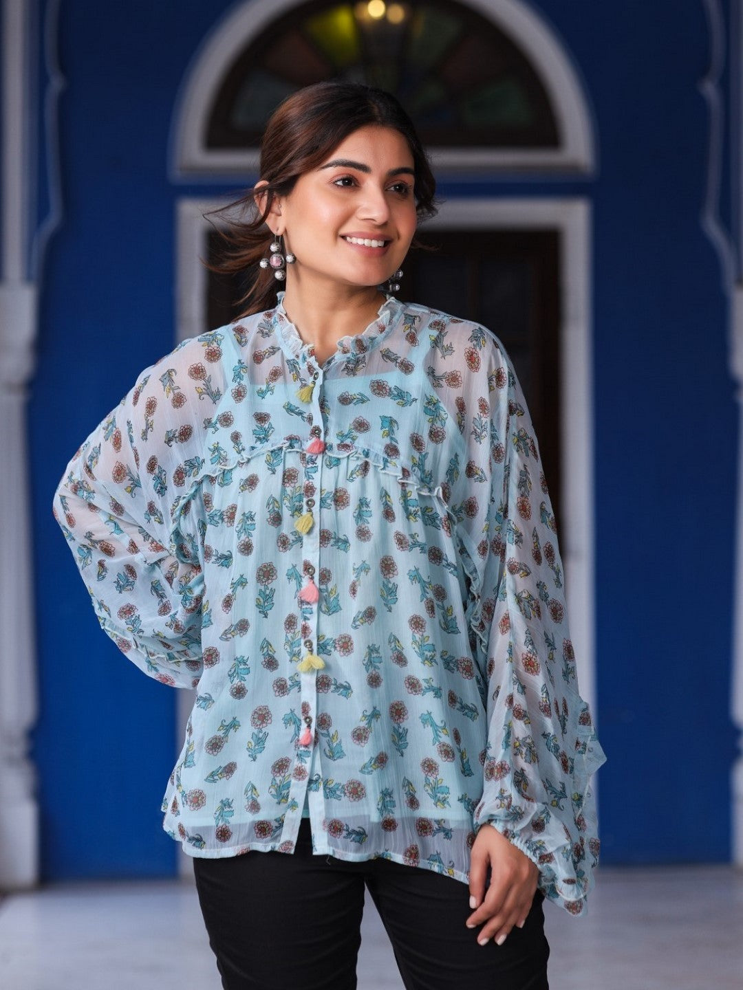 Sky Blue Chiffon Floral Printed Button Detailing Tunic With Inner