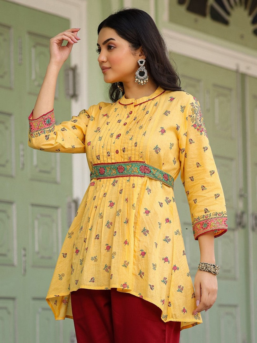 Mustard Floral Printed Cotton Voile Tunic With Lace Work