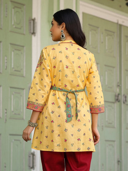 Mustard Floral Printed Cotton Voile Tunic With Lace Work