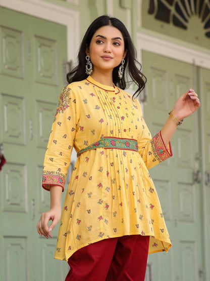 Mustard Floral Printed Cotton Voile Tunic With Lace Work