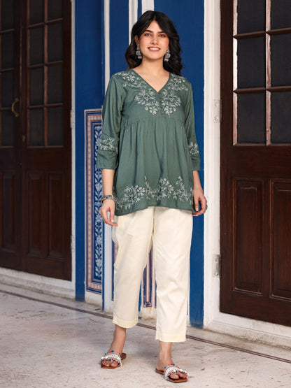 Green Modal Rayon Alia-Cut Embroidered Tunic