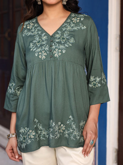 Green Modal Rayon Alia-Cut Embroidered Tunic