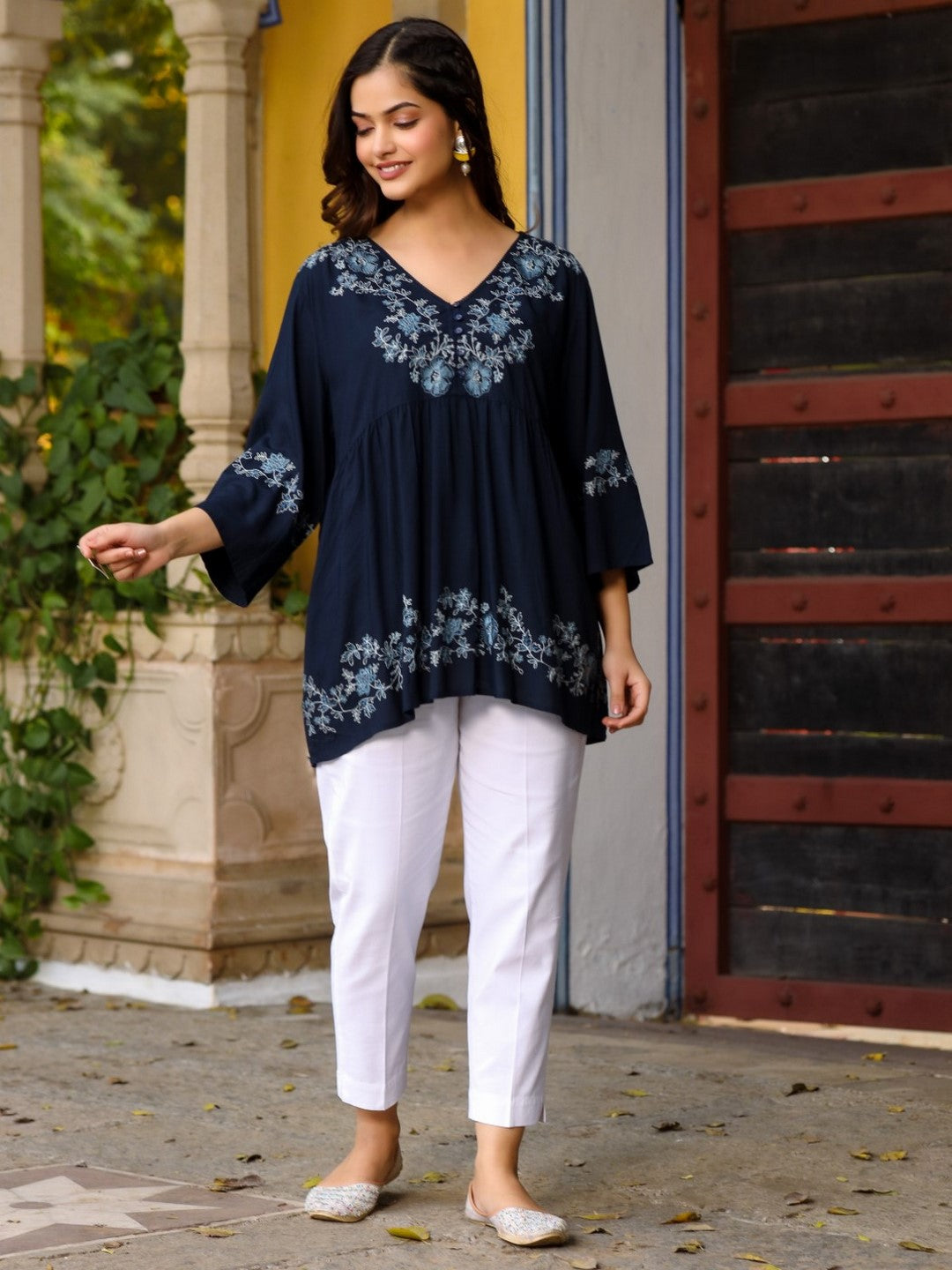 Navy Blue Modal Rayon Alia-Cut Embroidered Tunic