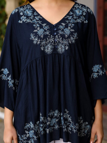 Navy Blue Modal Rayon Alia-Cut Embroidered Tunic
