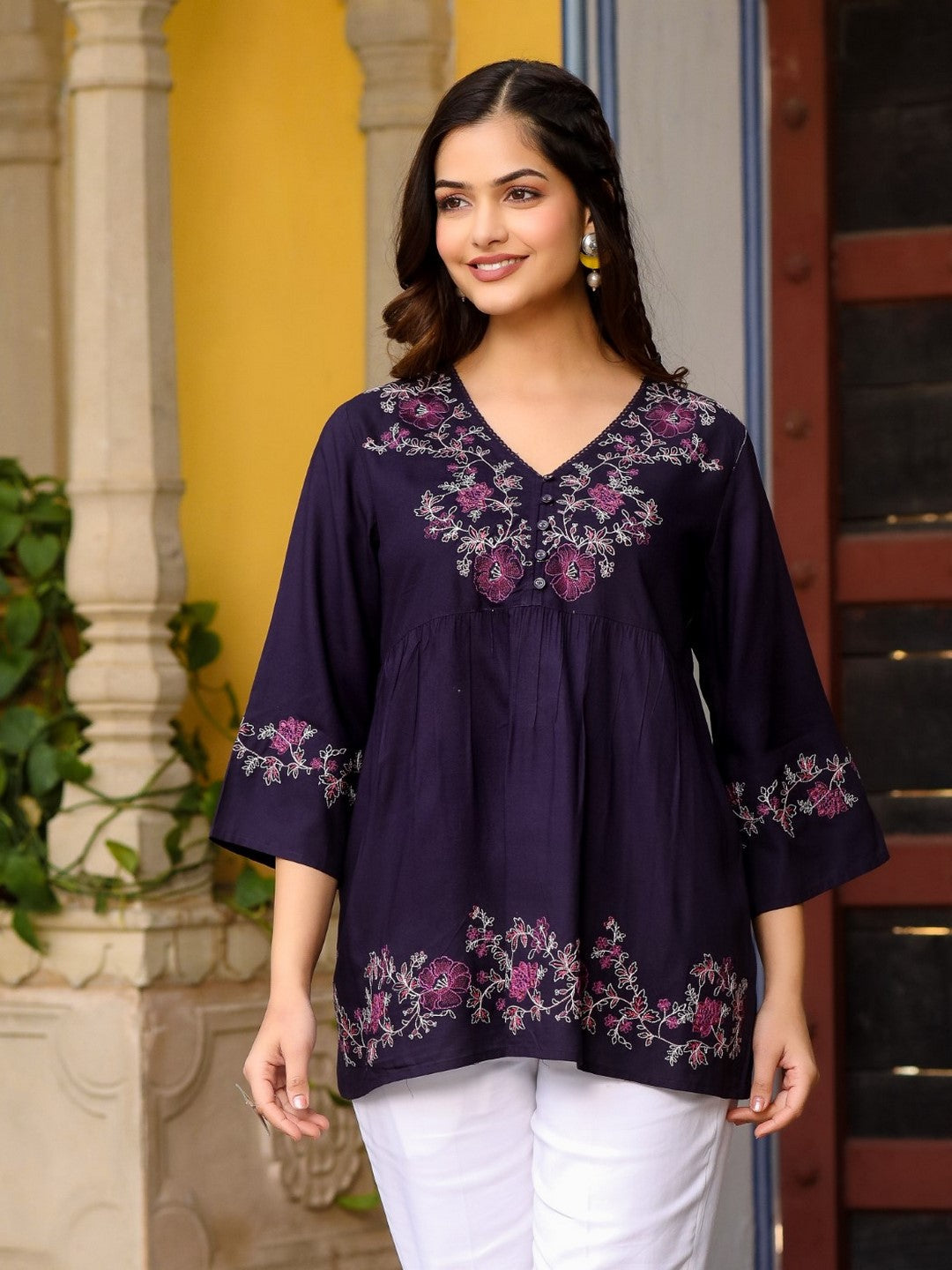 Purple Modal Rayon Alia-Cut Embroidered Tunic