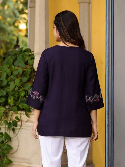 Purple Modal Rayon Alia-Cut Embroidered Tunic