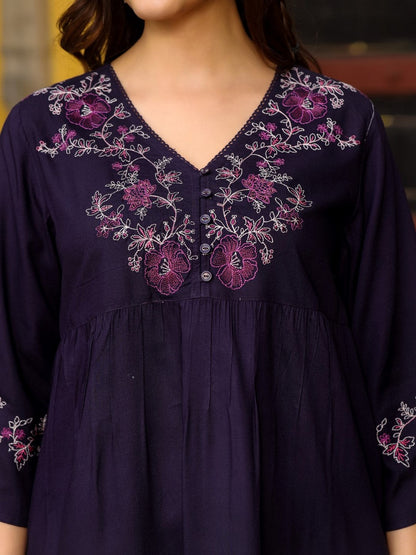 Purple Modal Rayon Alia-Cut Embroidered Tunic