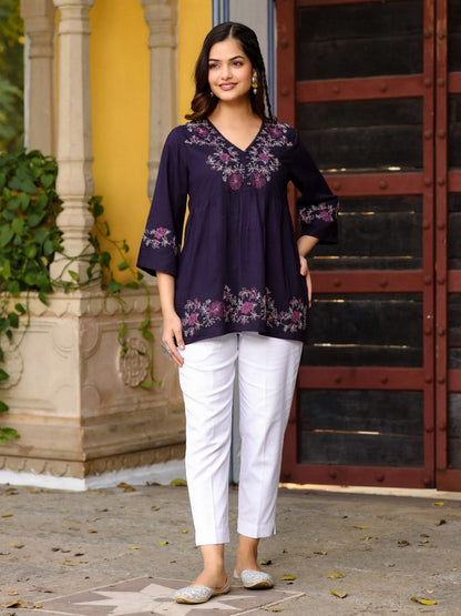 Purple Modal Rayon Alia-Cut Embroidered Tunic
