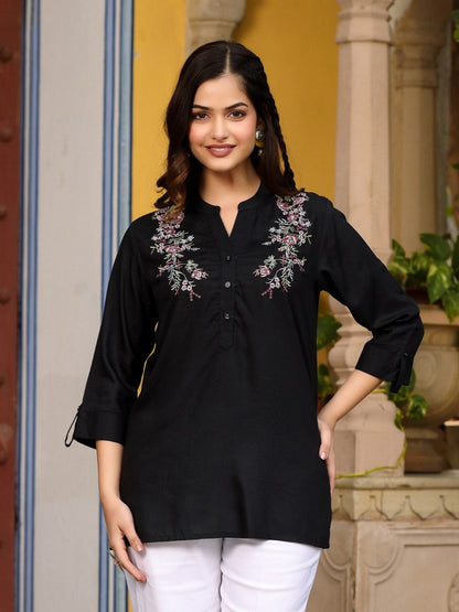 Black Modal Rayon Embroidered Tunic