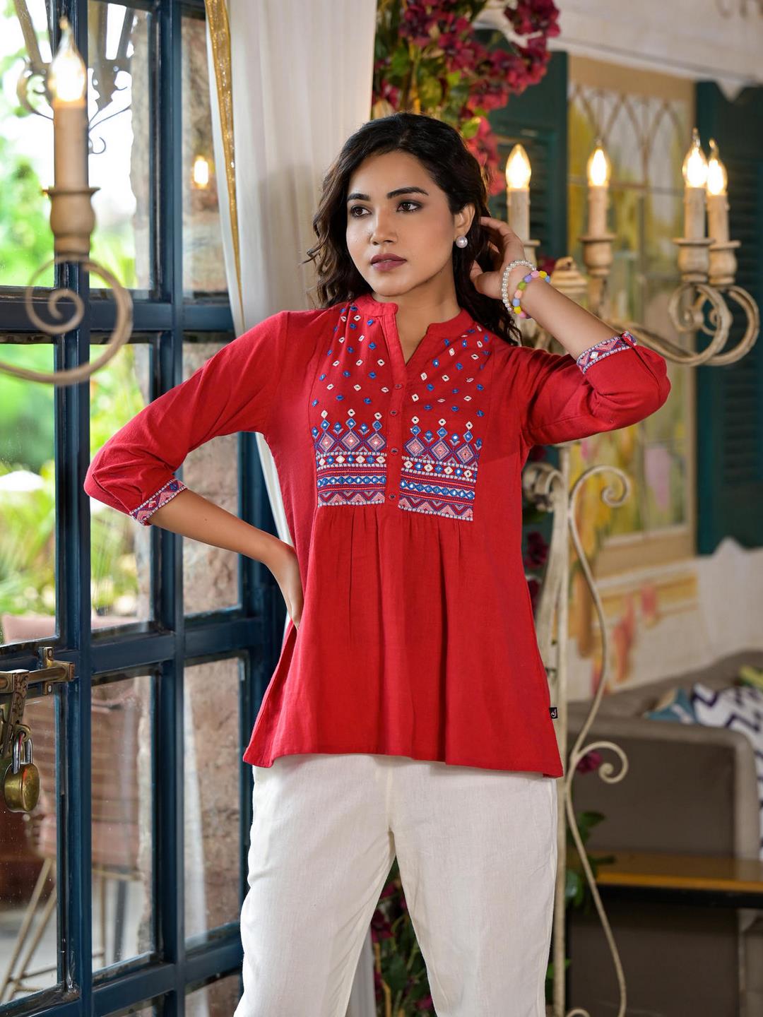 Red Thread Embroidered Cotton Tunic With Mirror Work & Buttons