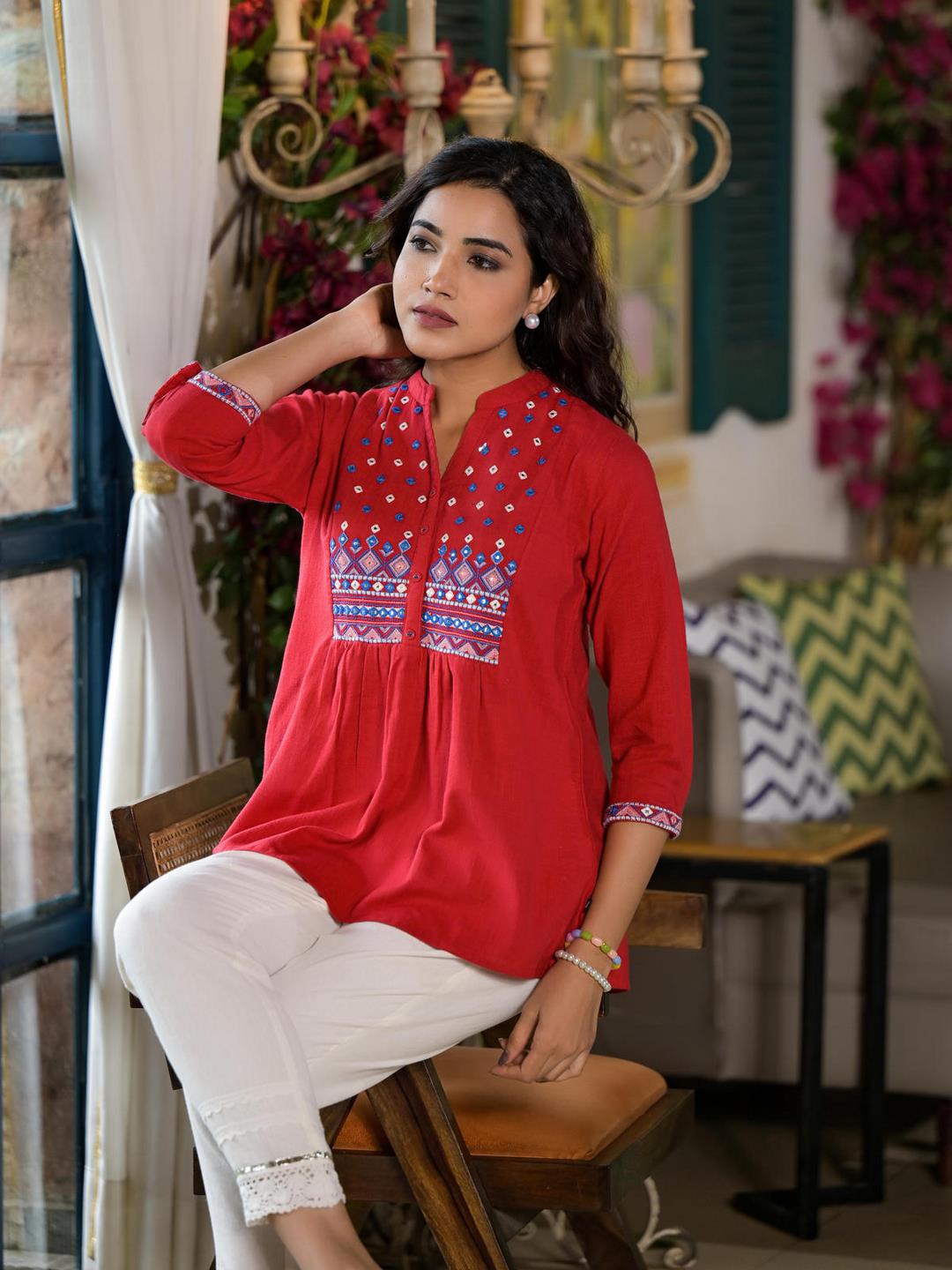 Red Thread Embroidered Cotton Tunic With Mirror Work & Buttons