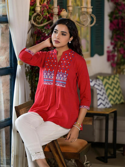 Red Thread Embroidered Cotton Tunic With Mirror Work & Buttons
