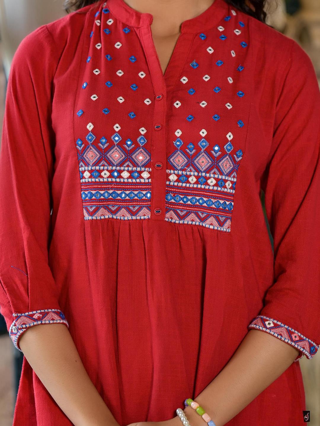 Red Thread Embroidered Cotton Tunic With Mirror Work & Buttons