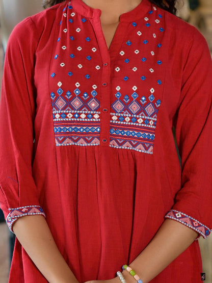 Red Thread Embroidered Cotton Tunic With Mirror Work & Buttons