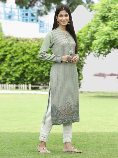 Green Ethnic Motif Printed Acrylic Straight Kurta.