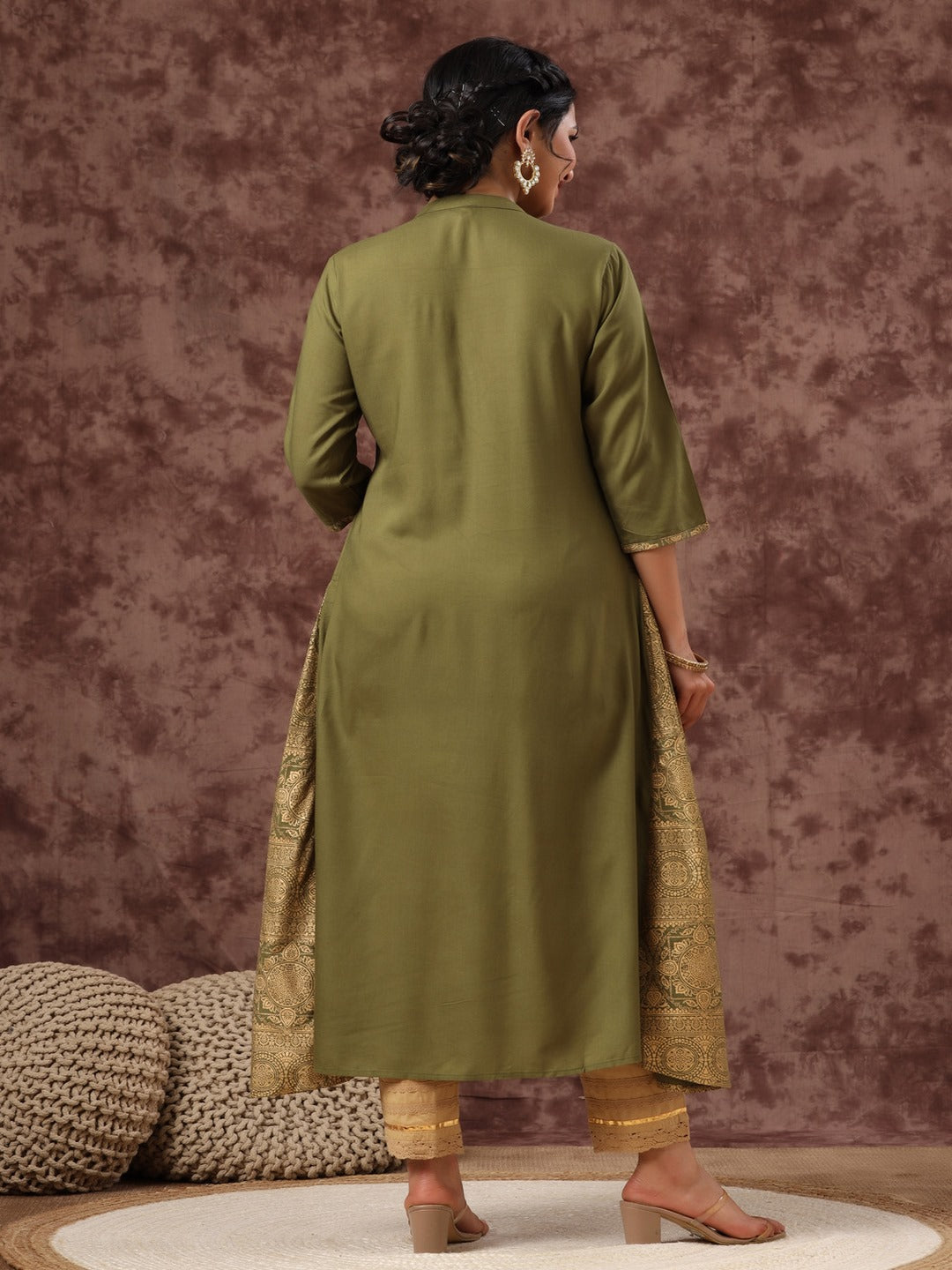 Olive Ethnic Motif Printed Rayon A-Line Women Kurta