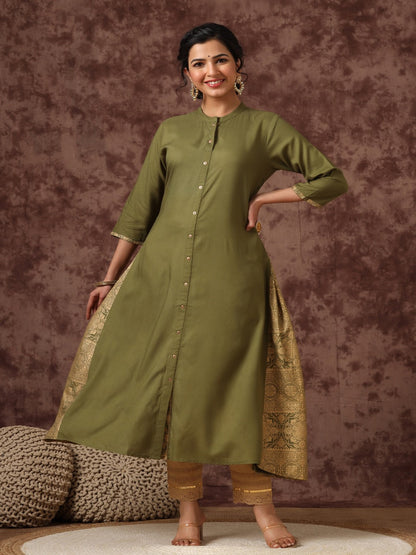 Olive Ethnic Motif Printed Rayon A-Line Women Kurta