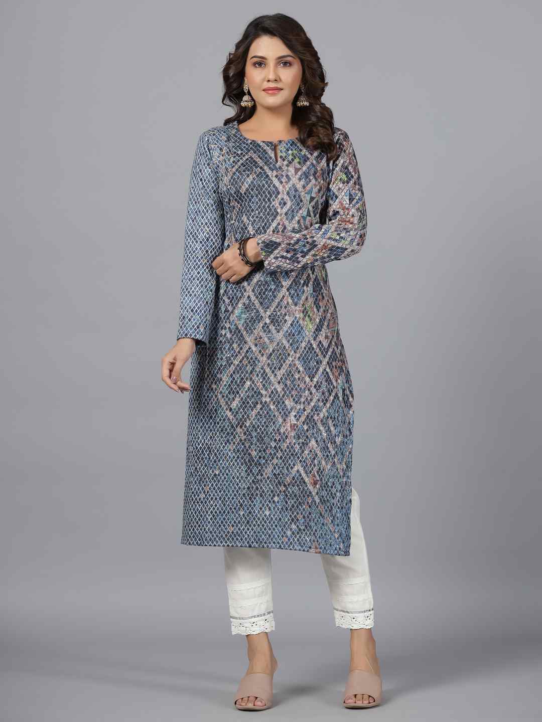 Blue Checked Printed Polyester Kurta With Sequins Work